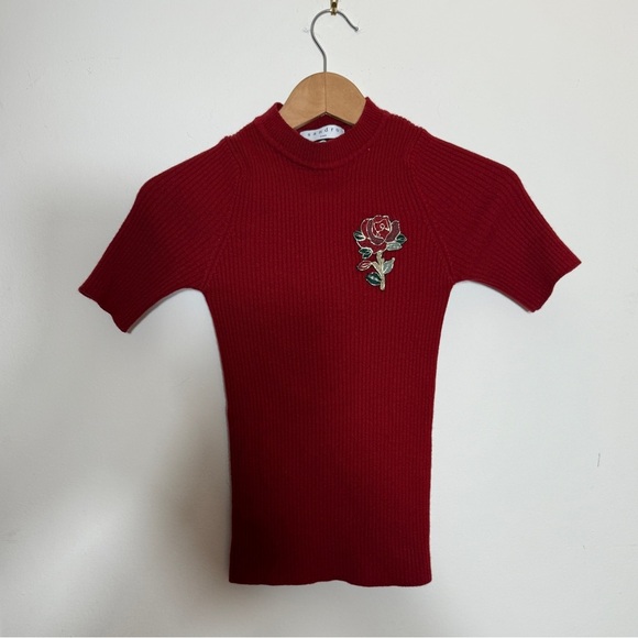 Sandro Red Patty Ribbed Sweater with Rose Embellishment - Small - Picture 7 of 11